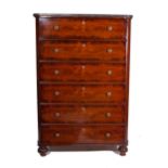 A 19th century French walnut tall chest, with marble top over six long drawers, on bun feet,