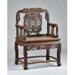 A 19th century Chinese hardwood official's chair, with 'Shou' symbol splat back,