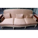 A Louis XVI style limed beech three piece suite to comprise; sofa, 205cm wide x 101cm high,