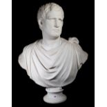 A modern composite faux marble bust depicting a Romanesque male on a socle, 86cm high.