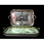 A large silver plated drinks tray with pierced gallery borders and engraved decoration and another