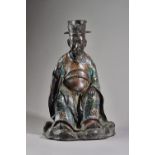 A large bronze and champleve enamel figure of a scholar, 19th century,