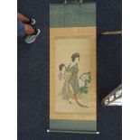 A large Japanese hanging scroll of a mother and daughter, 19th century,