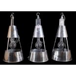 A group of three mid-20th century chrome plated conical heat lamps, converted to ceiling lights,