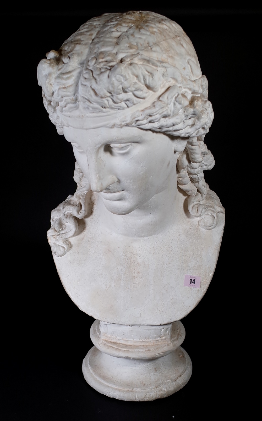 After the Antique; a modern plaster bust of a woman, 70cm high.