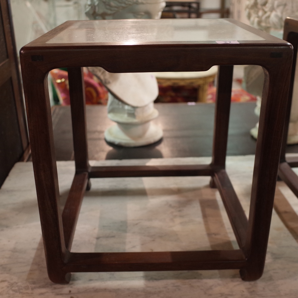 A pair of late 19th/early 20th century Chinese hardwood square occasional tables, - Image 12 of 16