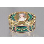 A European gold and enamelled, hinge lidded oval box,