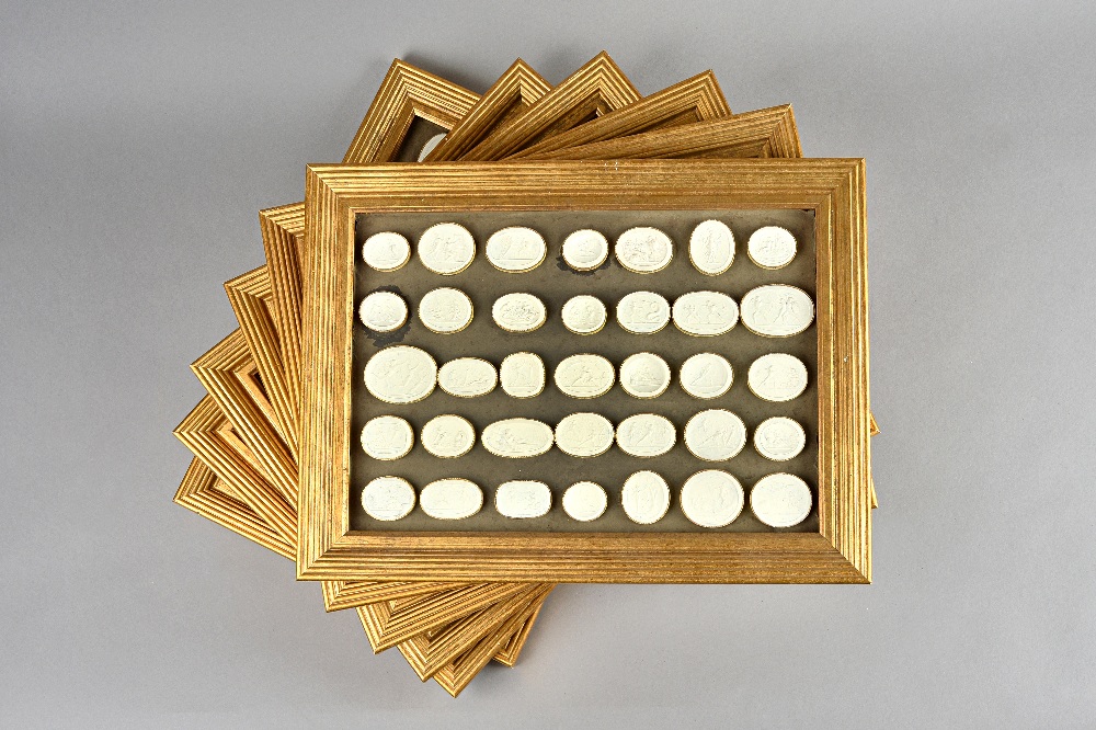 A quantity of plaster intaglios- probably 18th century, remounted in six modern giltwood frames,