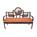 An early 20th century Chinese hardwood bench, with triple marble inset back,