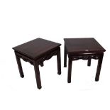 A pair of late 19th century Chinese hardwood square occasional tables, possibly huanghuali,
