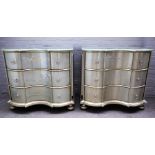 A pair of 20th century metal veneered serpentine fronted three drawer chest on bun feet,