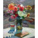 Russian School (20th century), Still life of flowers in a vase, oil on canvas, 77cm x 64cm.