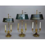 A near pair of Victorian style gilt brass bouillotte twin branch table lamps,