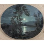 Attributed to Henry Pether (fl.1828-1865), Moonlit lake, oil on canvas, oval, 21cm x 25cm.