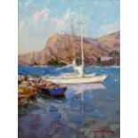 Russian School (21st century), Boats off the coast, oil on canvas, indistinctly signed,