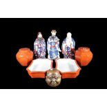 A collection of modern Chinese items including; three porcelain figures,