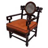An early 20th century Chinese hardwood open armchair, pre-1918, with marble inset back,