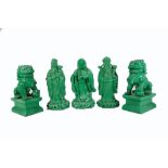 A group of modern faux spinach jade figures, comprising; a pair of dogs of fo and thee