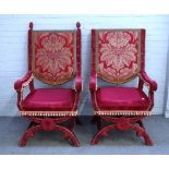 A pair of 19th century red velvet upholstered throne chairs of 16th century Italian style,