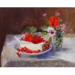 Pamela Kay (b.1939), Still life of redcurrants and flowers, watercolour and gouache, signed, 24.