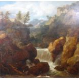 Follower of Joseph Mellor, A waterfall in a rocky wooded gorge, oil on canvas, unframed,