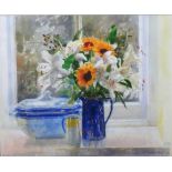 Pamela Kay (b.1939), Sunflowers and lilies in a blue jug, watercolour, signed, 46.5cm x 65cm.