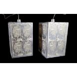 A pair of rectangular lanterns each formed from circuit board panels, 36cm high.