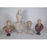 A pair of polychrome painted faux marble busts of Cicerone and Adriano, 24cm high,