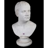 A modern Neoclassical style plaster bust of a man on turned socle, 56cm high.