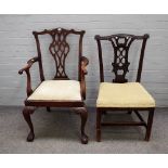 A George III style mahogany open armchair on ball and claw feet, 62cm wide x 101cm high,