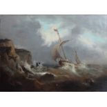 English School (19th century), A vessel in stormy waters off a rocky coastline, oil on canvas,