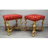 A pair of 17th century style gold painted rectangular footstools on turned supports united by 'X'