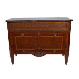 A 19th century French marble topped mahogany and satinwood inlaid chest,