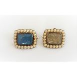 A gold and half pearl set rectangular brooch,