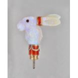 A carved opal and red enamelled parasol handle, designed as the head of a hare,
