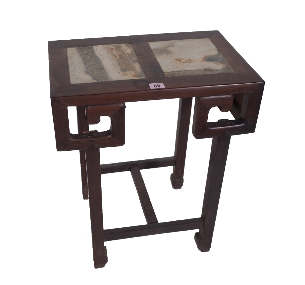 A late 19th/early 20th century Chinese hardwood rectangular bonsai stand, with marble inset top,