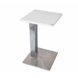 A 20th century white lacquer occasional table on brushed steel base, 40cm wide x 68cm high.