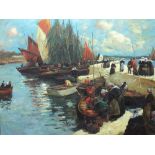 Continental School (20th century), Harbourside scene, oil on canvas, 75.5cm x 100cm.