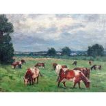 Follower of Paul Desire Trouillebert, Cattle grazing in a meadow, oil on canvas, bears a signature,