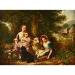 A** T** (19th century), Children with a sheep gathering flowers beneath a tree, oil on canvas,