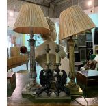 A pair of gilt/silvered brass table lamps each of column form on a square plinth, 46cm high,