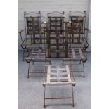 A set of six iron dining/ garden chairs with brass finials, to include a a pair of carvers, (6).