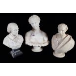 A composite marble bust of Clytie raised on a socle, 34cm high another of Robert Louis Stephenson,