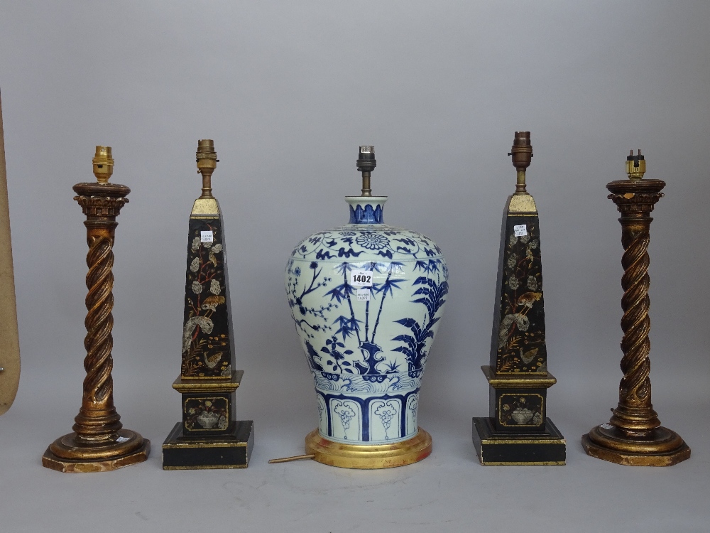 A modern Chinese blue and white porcelain table lamp of baluster form, 38cm high,