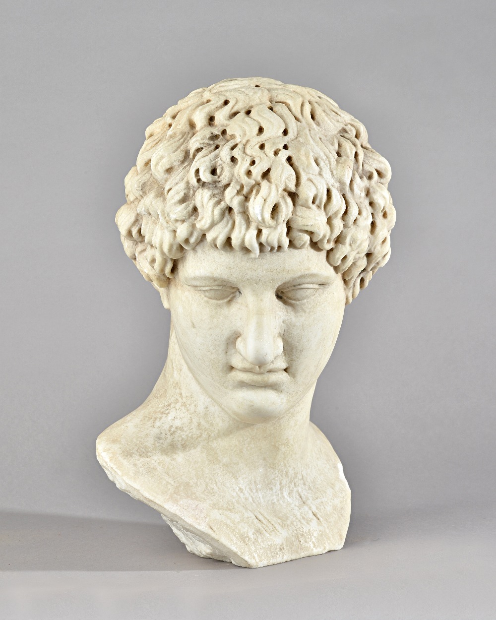 After the Antique; a carved white marble portrait bust of a man, drill carved hair, - Image 2 of 13