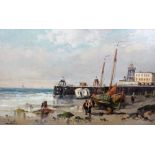 J. Mazzetta (19th century), Bathing machines at Biarritz, oil on canvas, signed, 38cm x 63cm.