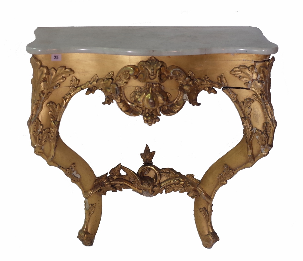 A pair of Louis XV style giltwood serpentine marble topped console tables,