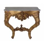 A pair of Louis XV style giltwood serpentine marble topped console tables,