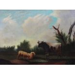 Continental School (19th century), Cow and sheep in a landscape, oil on canvas, 57cm x 77cm.