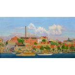 E. G. Tage (20th century), Riverside town, oil on canvas, signed and dateds '50, 41cm x 75cm.